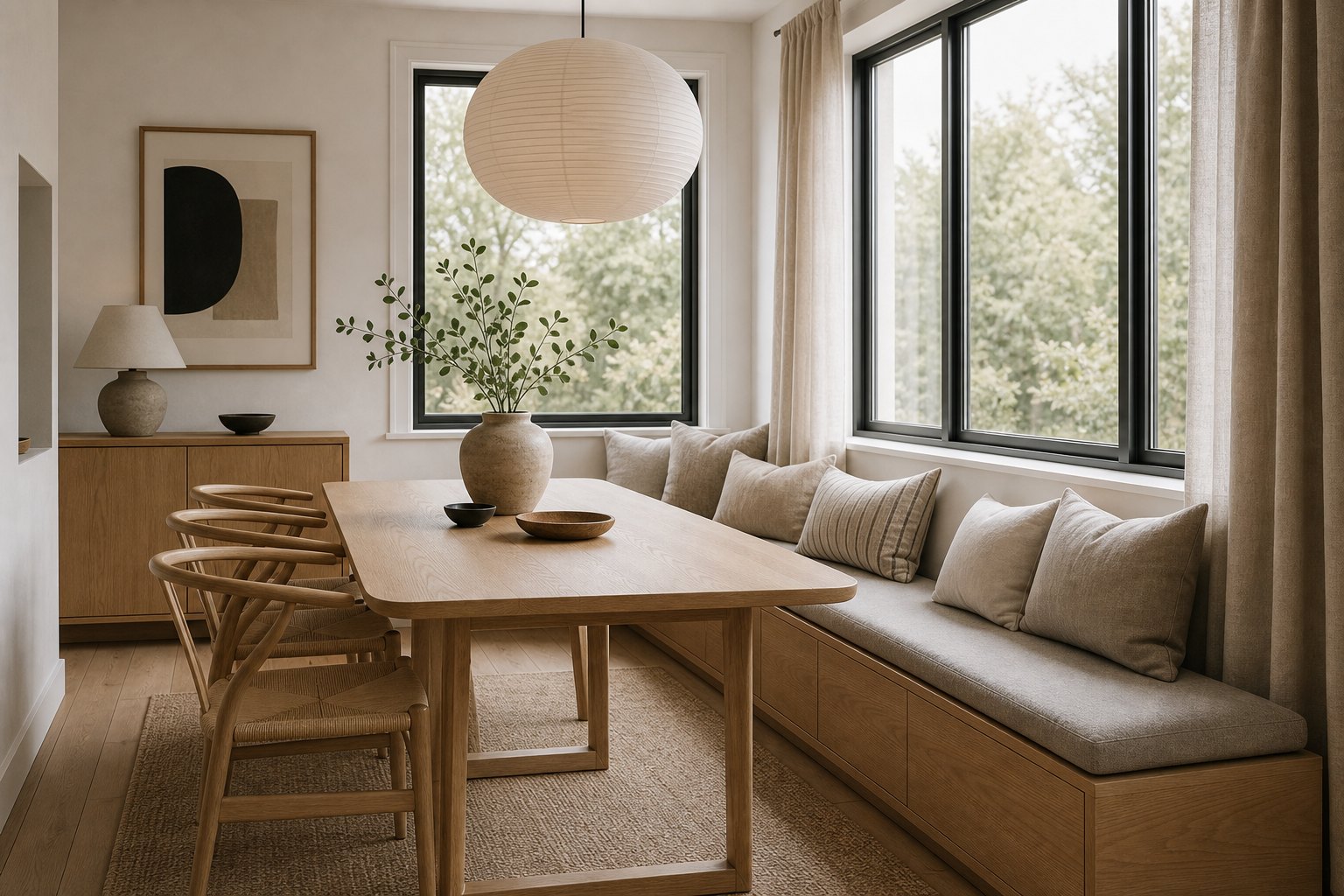 Scandinavian Dining Room Built-In Banquette featuring an L-shaped built-in banquette wrapping two large windows