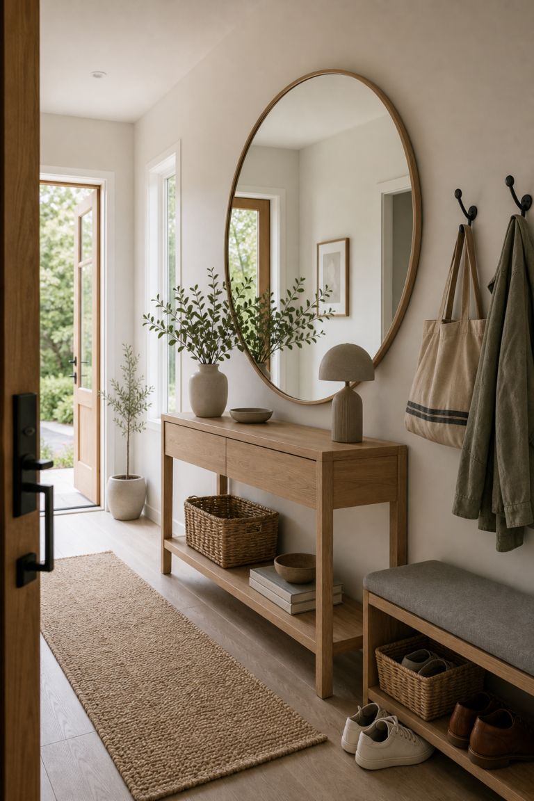 Scandinavian entryway with an oversized oval mirror above a slim pale timber console, wall hooks, a cushioned shoe bench, woven baskets, and open door