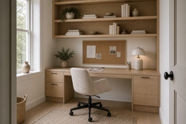 Scandinavian Home Office Full-Width Built-In Desk featuring a full-width light timber-toned desk with integrated drawers and shelves
