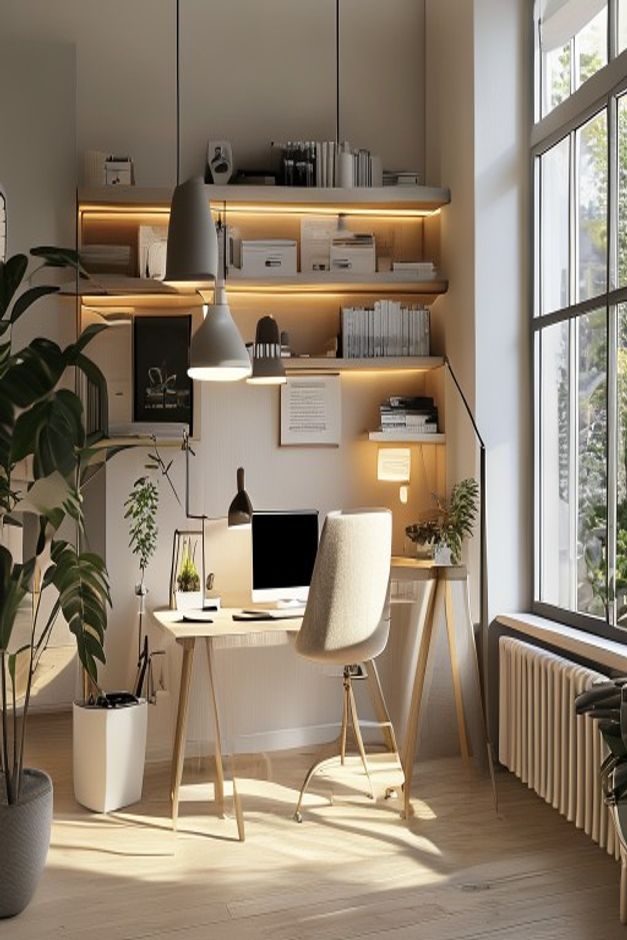 Scandinavian Home Office Desk Lighting with Light Oak