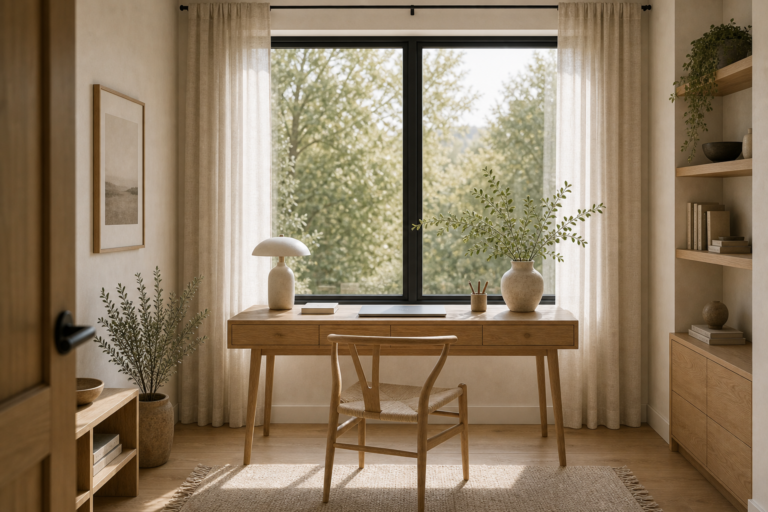 Scandinavian Home Office Window Desk featuring a slim desk centered directly in front of a large garden window