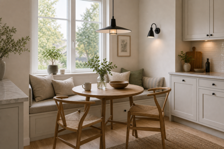 Scandinavian kitchen breakfast nook with an L-shaped banquette, round timber table, woven chairs, large window, black pendant, wall sconce, pale cabinets, timber floor, and neutral textiles