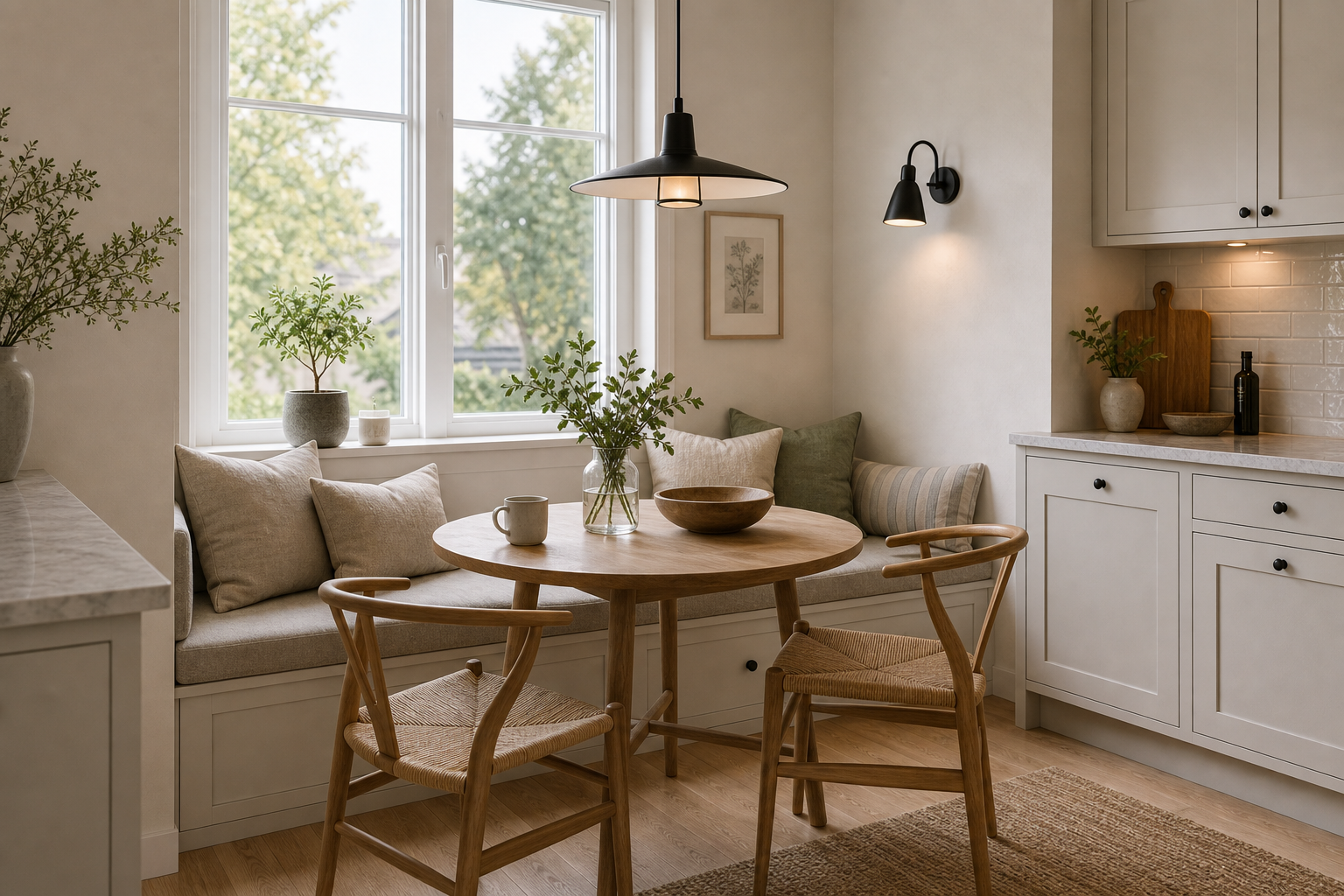 Scandinavian kitchen breakfast nook with an L-shaped banquette, round timber table, woven chairs, large window, black pendant, wall sconce, pale cabinets, timber floor, and neutral textiles