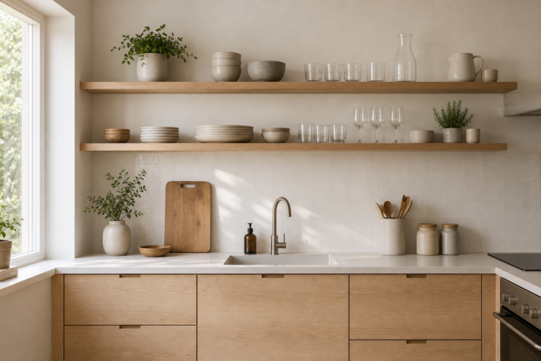 Scandinavian Kitchen Open Shelf Styling featuring two long open shelves arranged with pale dishes and glassware