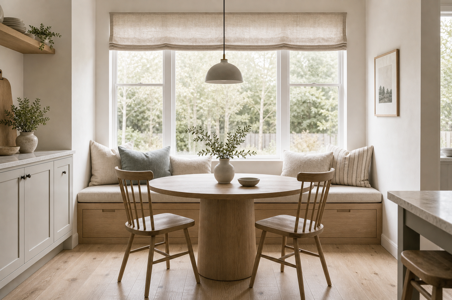 Scandinavian Kitchen Window Banquette Nook featuring a built-in banquette fitted directly below a wide kitchen window