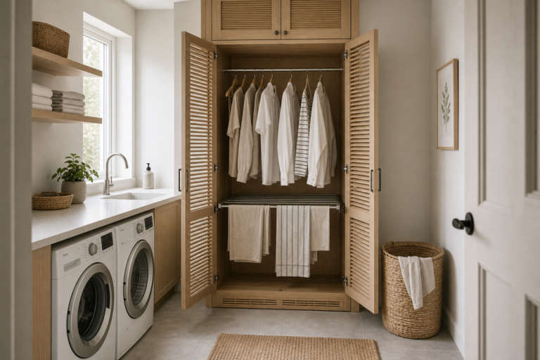 Scandinavian laundry room with an open louvered drying cabinet, hanging rail, pale garments, paired front loaders, counter, sink window, shelves, and woven baskets