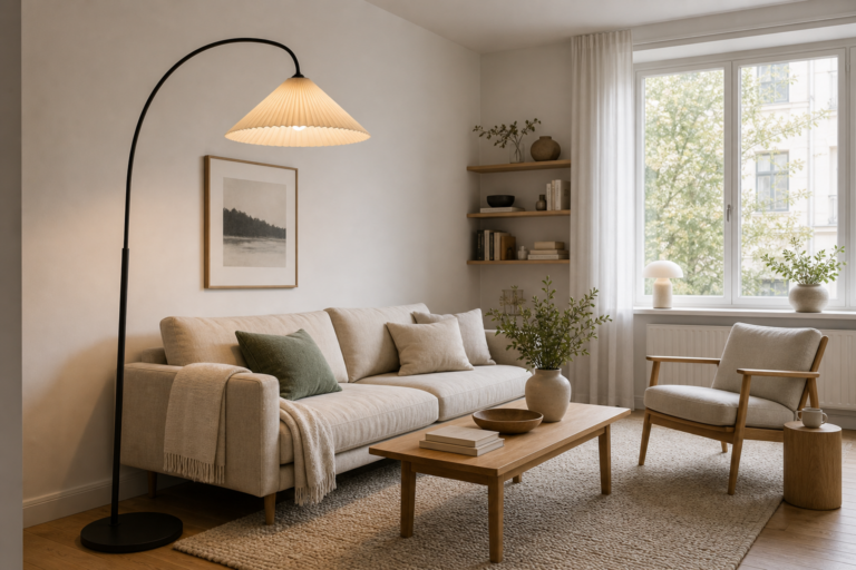 Scandinavian living room with an oversized black arc floor lamp, pleated shade, pale sofa, timber coffee table, lounge chair, textured rug, shelves, and bright window
