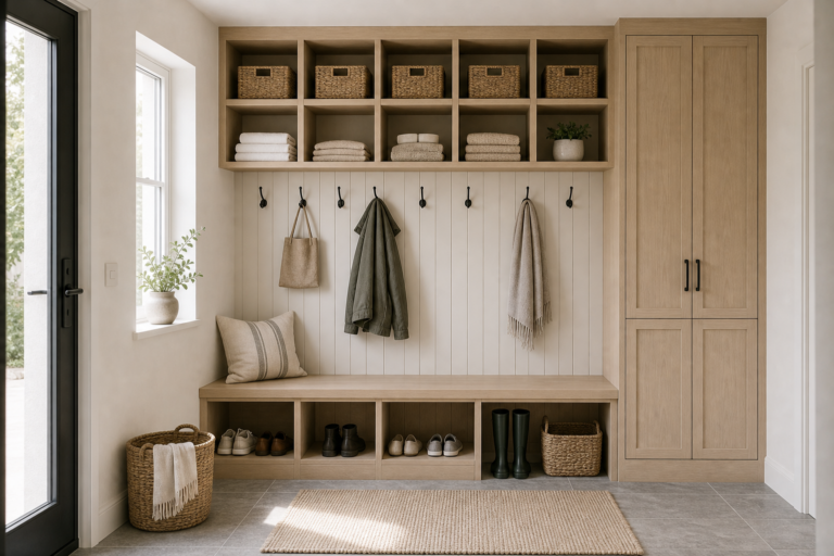 Scandinavian mudroom with upper cubbies, woven baskets, dark hooks, hanging bags, timber bench, shoe bays, tall cabinet, glazed door, tile floor, and woven rug