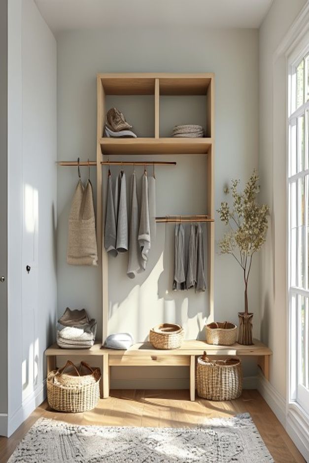 Scandinavian Mudroom with Light Wood Open Storage