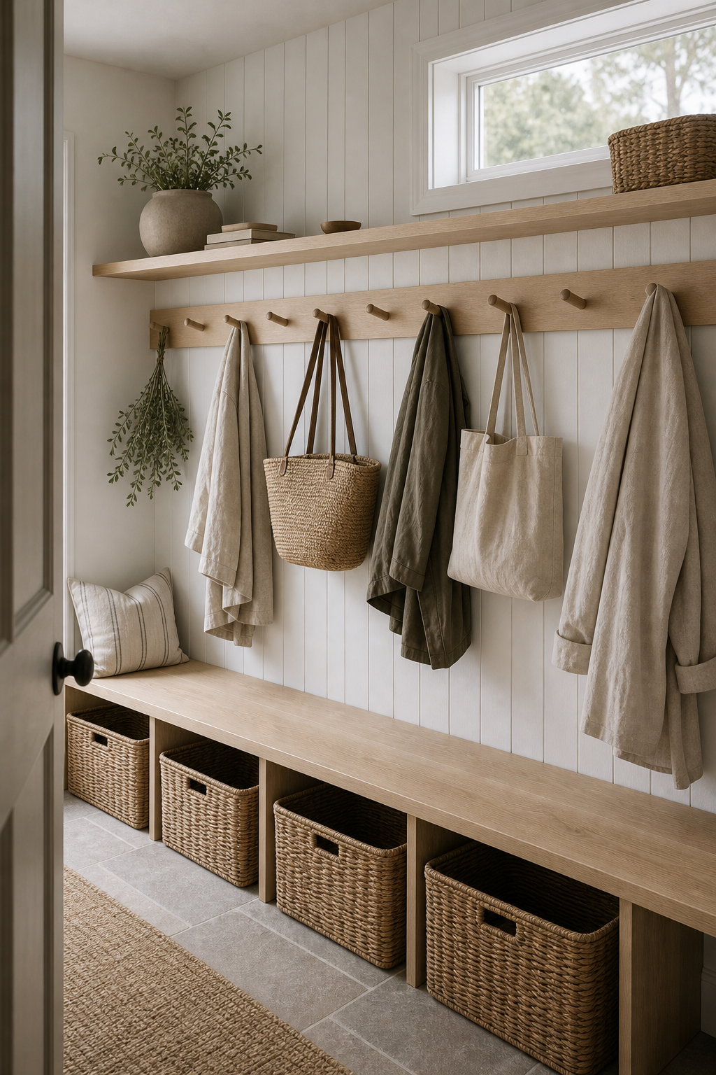 Scandinavian Mudroom Full-Width Peg Rail featuring a full-width peg rail aligned above a shallow bench