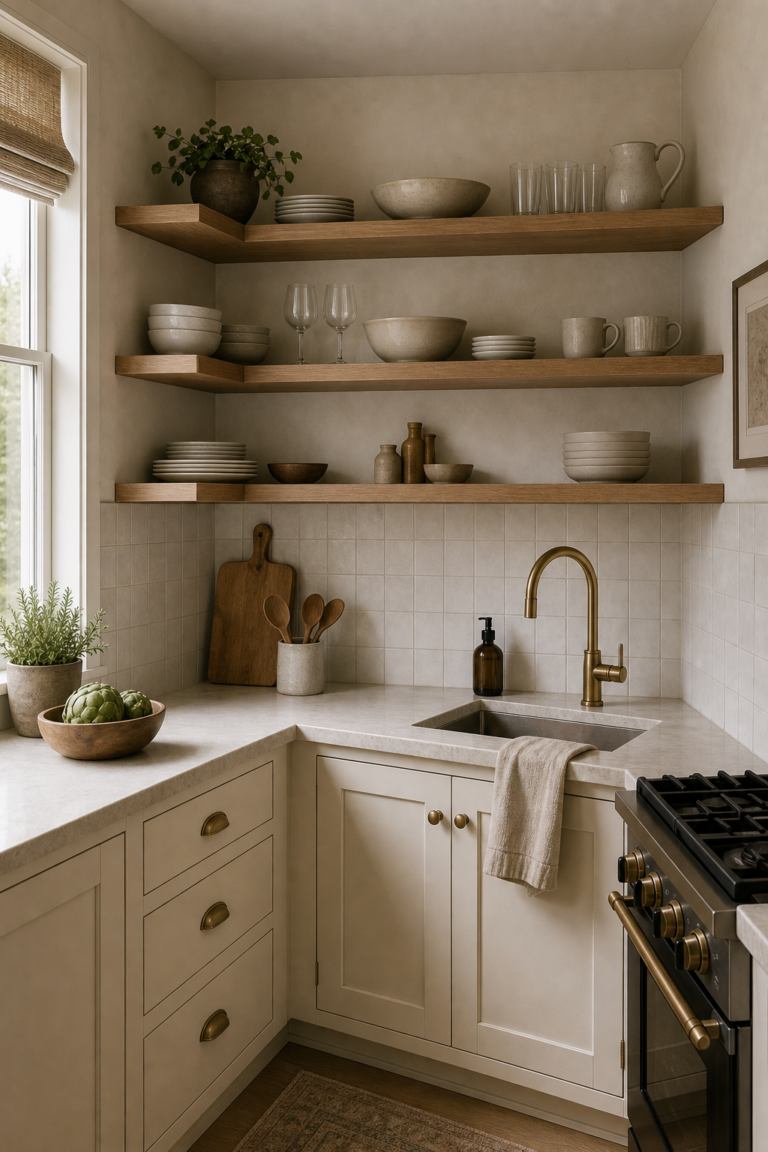 Small Kitchen L-Shaped Open Shelf featuring two open shelves wrapping a compact kitchen corner above the sink