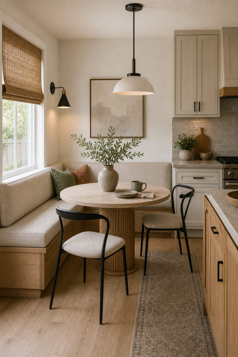 Small modern kitchen with an L-shaped upholstered corner banquette, round pedestal table, two slim black chairs, pendant, window shade, pale cabinets, and narrow runner