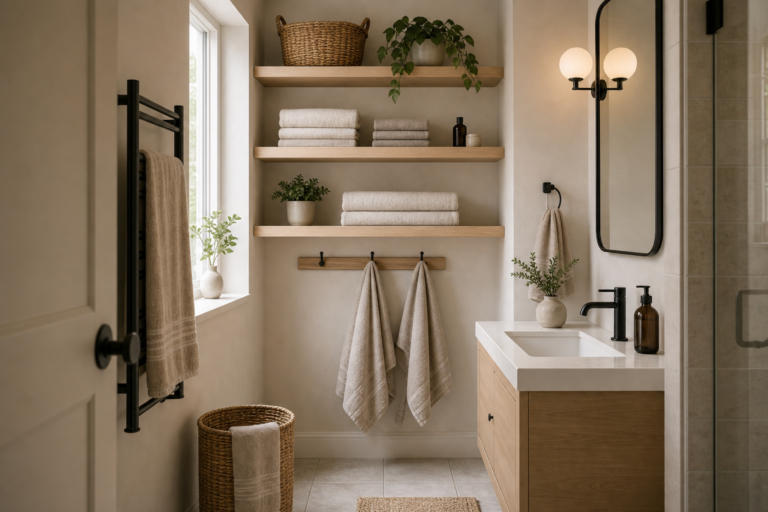 Small Scandinavian bathroom with three open timber-toned towel shelves, folded stacks, woven baskets, black towel rail, wall hooks, compact vanity, mirror, globe sconce, window, and shower glass