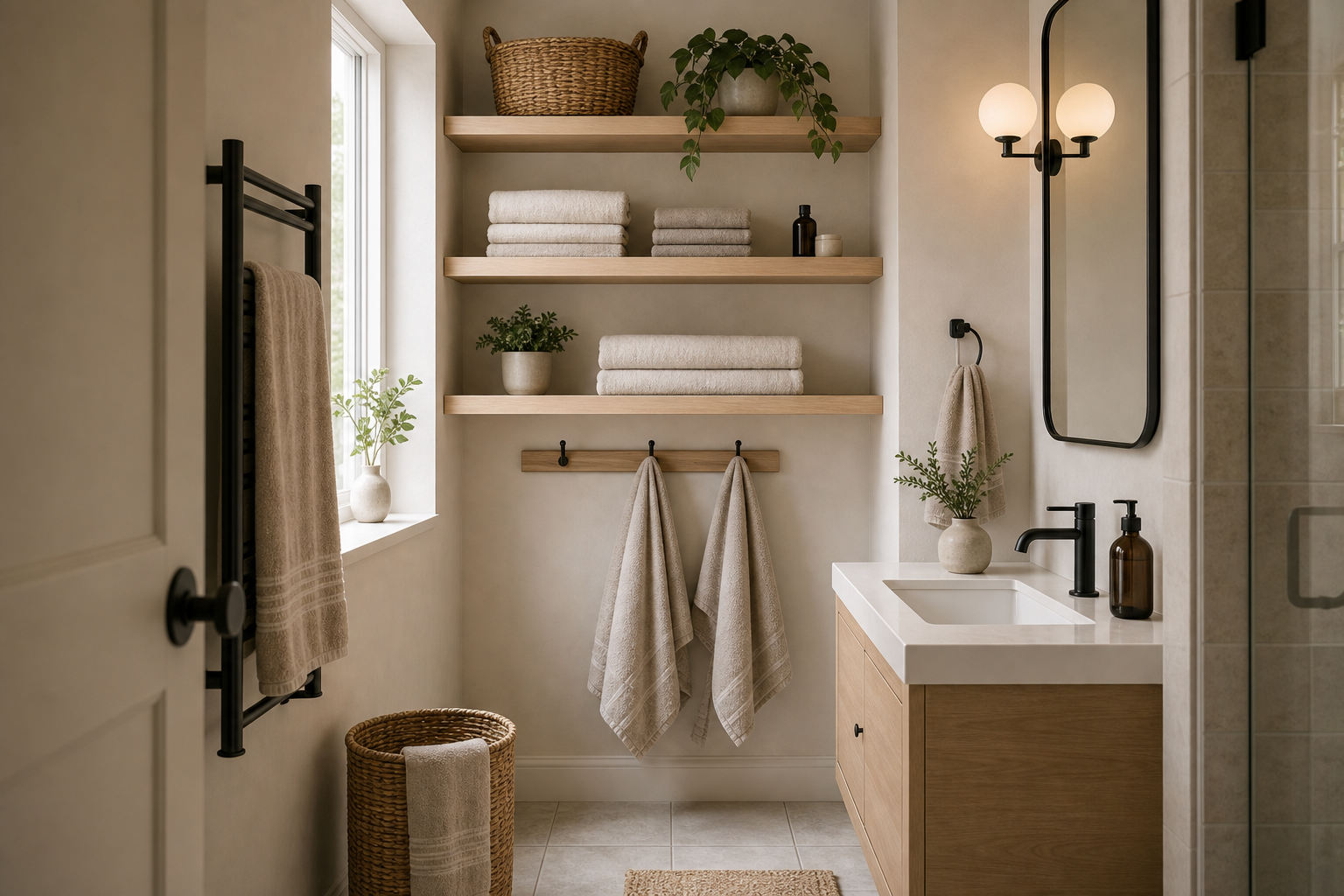Small Scandinavian bathroom with three open timber-toned towel shelves, folded stacks, woven baskets, black towel rail, wall hooks, compact vanity, mirror, globe sconce, window, and shower glass