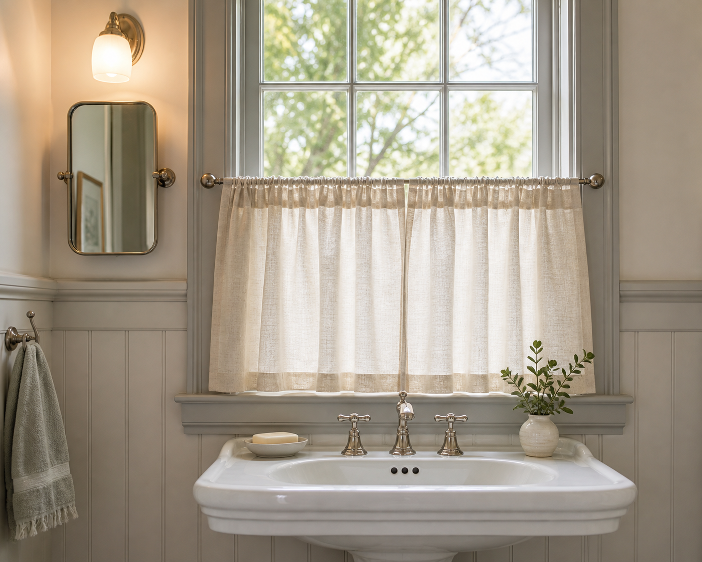 Traditional Bathroom Half-Window Cafe Curtain featuring a gathered cafe curtain covering only the lower window panes