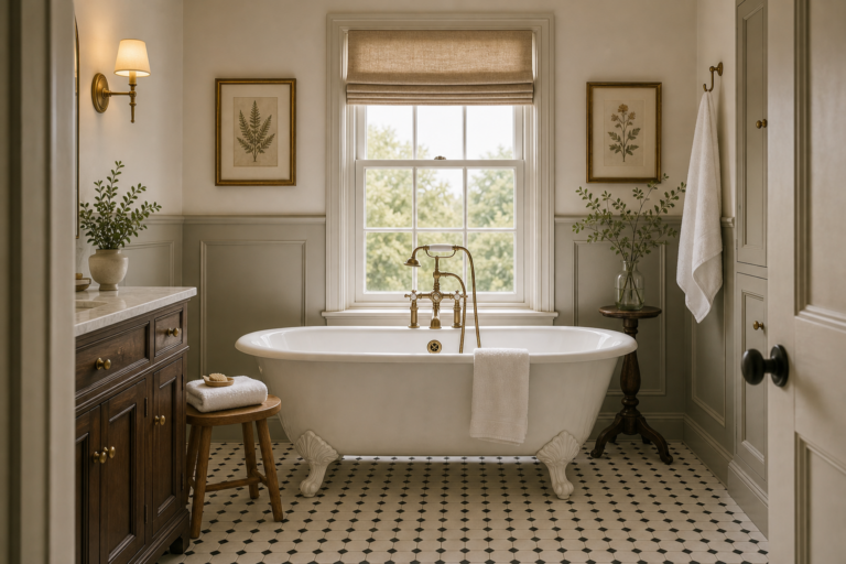 Traditional bathroom with a white clawfoot tub, brass-toned filler, shaded window, pale wainscoting, patterned floor, dark vanity, timber stool, botanical art, and towels