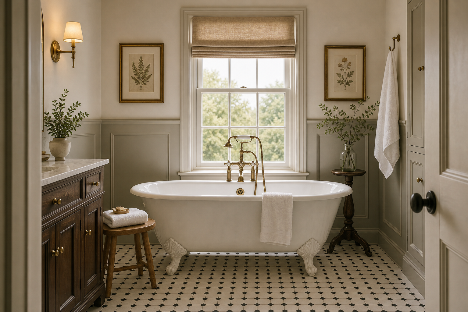 Traditional bathroom with a white clawfoot tub, brass-toned filler, shaded window, pale wainscoting, patterned floor, dark vanity, timber stool, botanical art, and towels