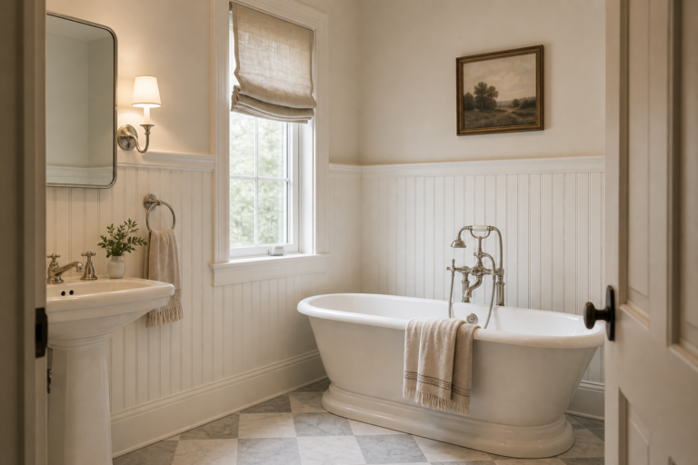 Traditional Bathroom Half-Wall Wainscoting featuring continuous white half-wall paneling wrapping the bathroom