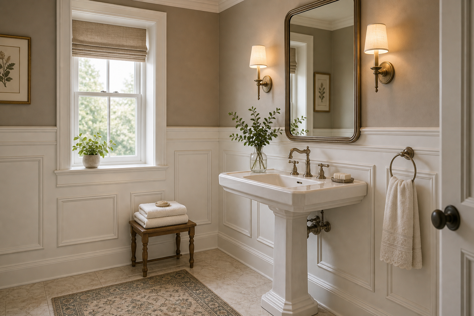 Traditional bathroom with pale raised-panel wainscoting, pedestal sink, rounded mirror, paired sconces, shaded window, timber stool, towels, and patterned floor