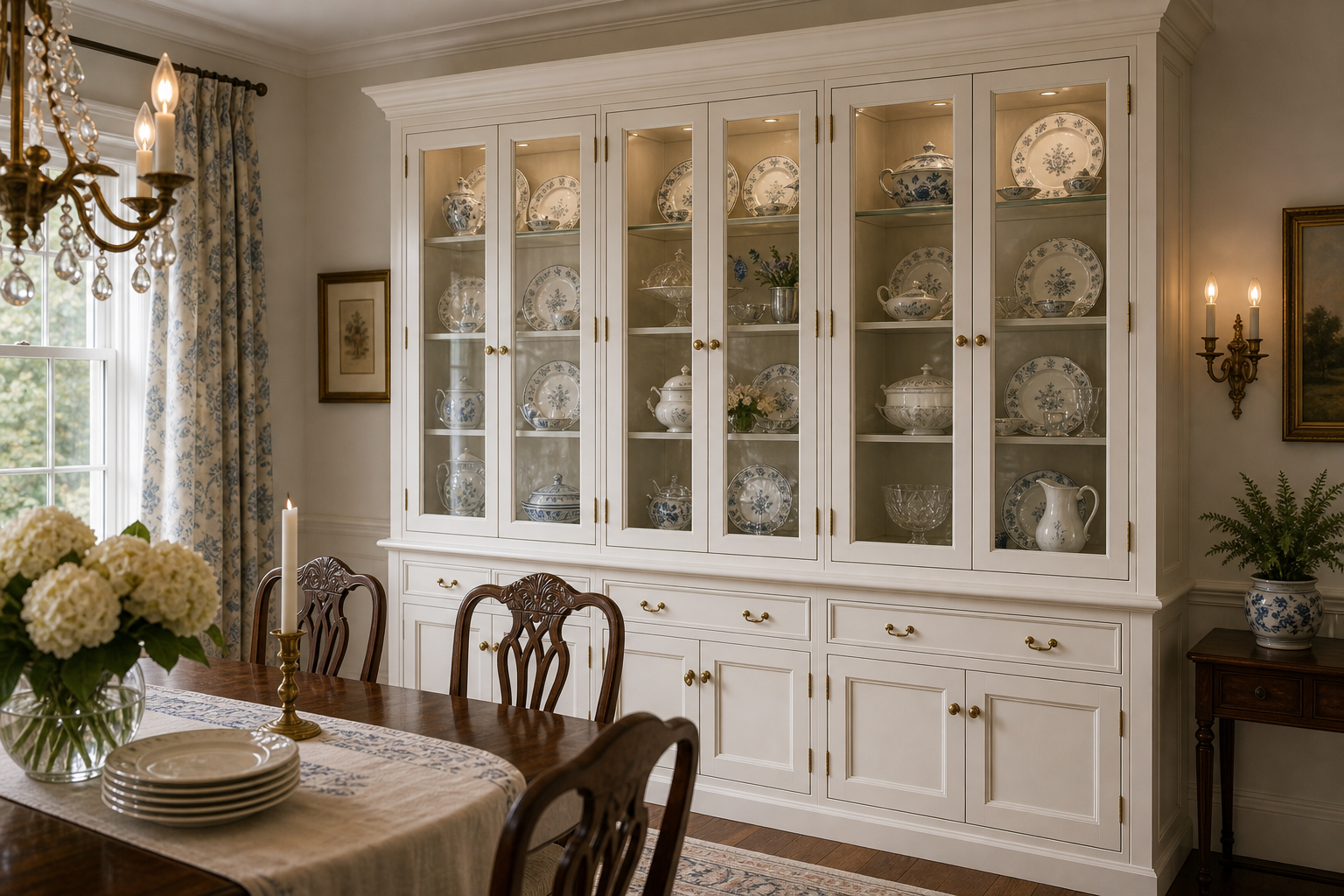 Traditional dining room with a full-width pale glass-front china cabinet, illuminated shelves, blue-and-white tableware, paneled base storage, brass hardware, dark table, carved chairs, chandelier, and floral curtains