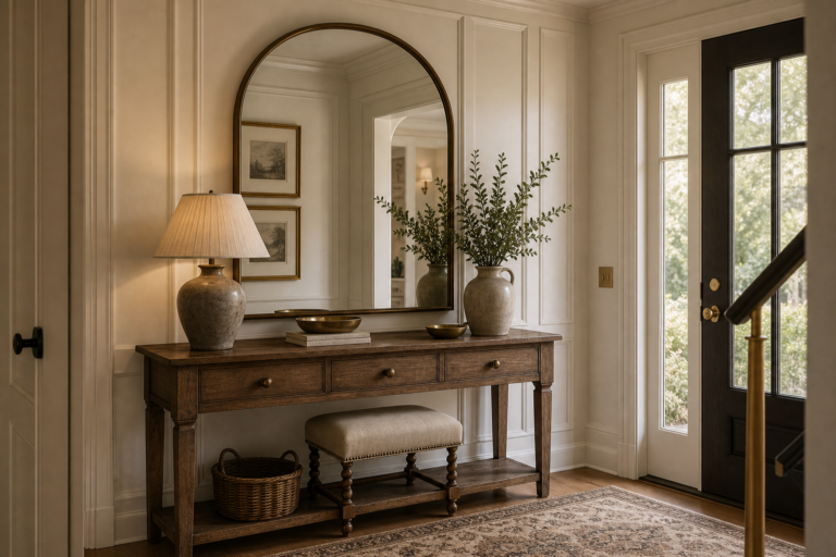 Traditional Entryway Arched Mirror featuring a tall dark-framed arched mirror above a long narrow console