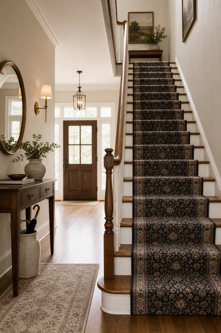 Traditional entryway with a dark patterned stair runner, white risers, timber handrail, newel post, pale walls, wall sconces, console, arched opening, and glazed front door