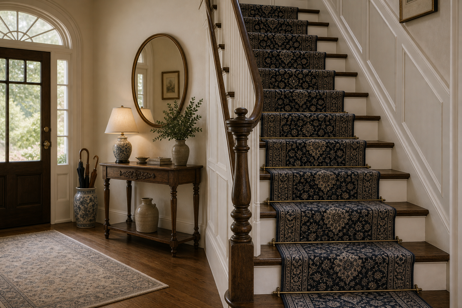 Narrow Traditional Entryway Navy Stair Runner featuring a navy-and-ivory patterned runner climbing the main staircase