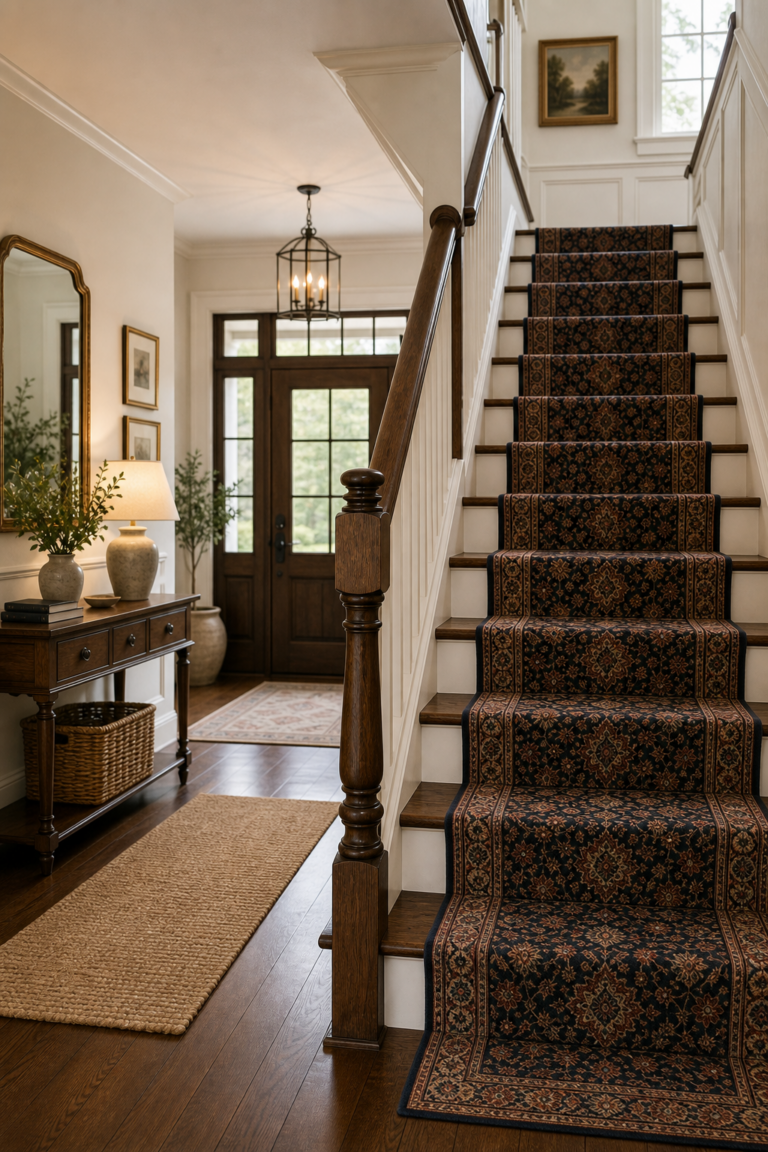 Traditional entryway with a dark floral stair runner, exposed timber tread edges, white paneling, turned newel, slim console, tall mirror, and glazed front door