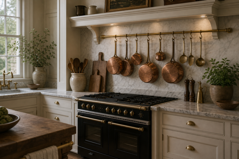 Traditional Kitchen Warm-Metal Pot Rail featuring a warm-metal rail holding copper-toned pans above the range