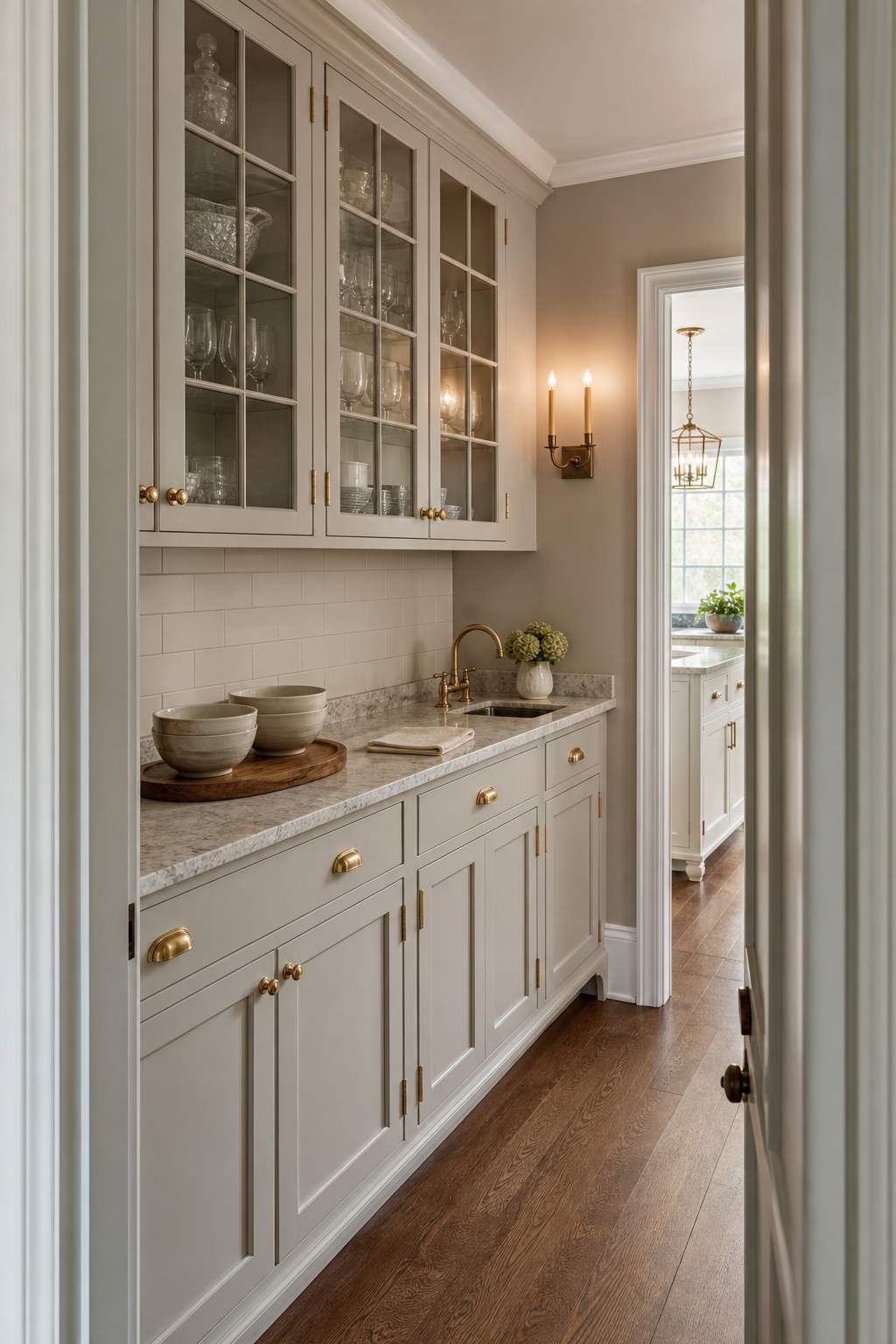 Traditional butler pantry with glass-front cabinets, pale paneled bases, warm counters, brass-toned hardware, small sink, wall sconce, displayed dishes, and bright doorway