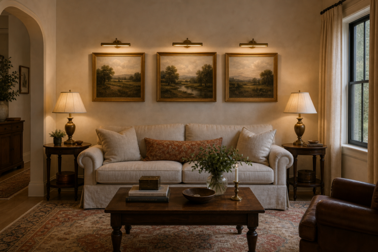 Traditional Living Room Triple Picture Light featuring three individually illuminated landscape artworks above a sofa