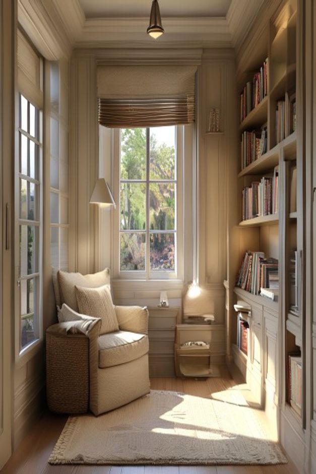 Traditional reading nook with two tall corner windows, a pale armchair, full-height bookcase, compact drawers, and layered lamps