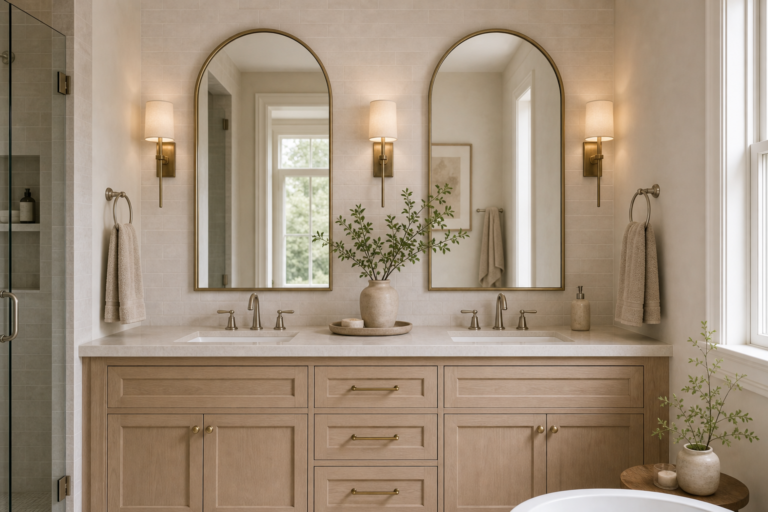 Transitional bathroom with twin brass-toned arched mirrors, three shaded sconces, pale tiled double-vanity wall, timber cabinetry, paired sinks, towels, and side daylight