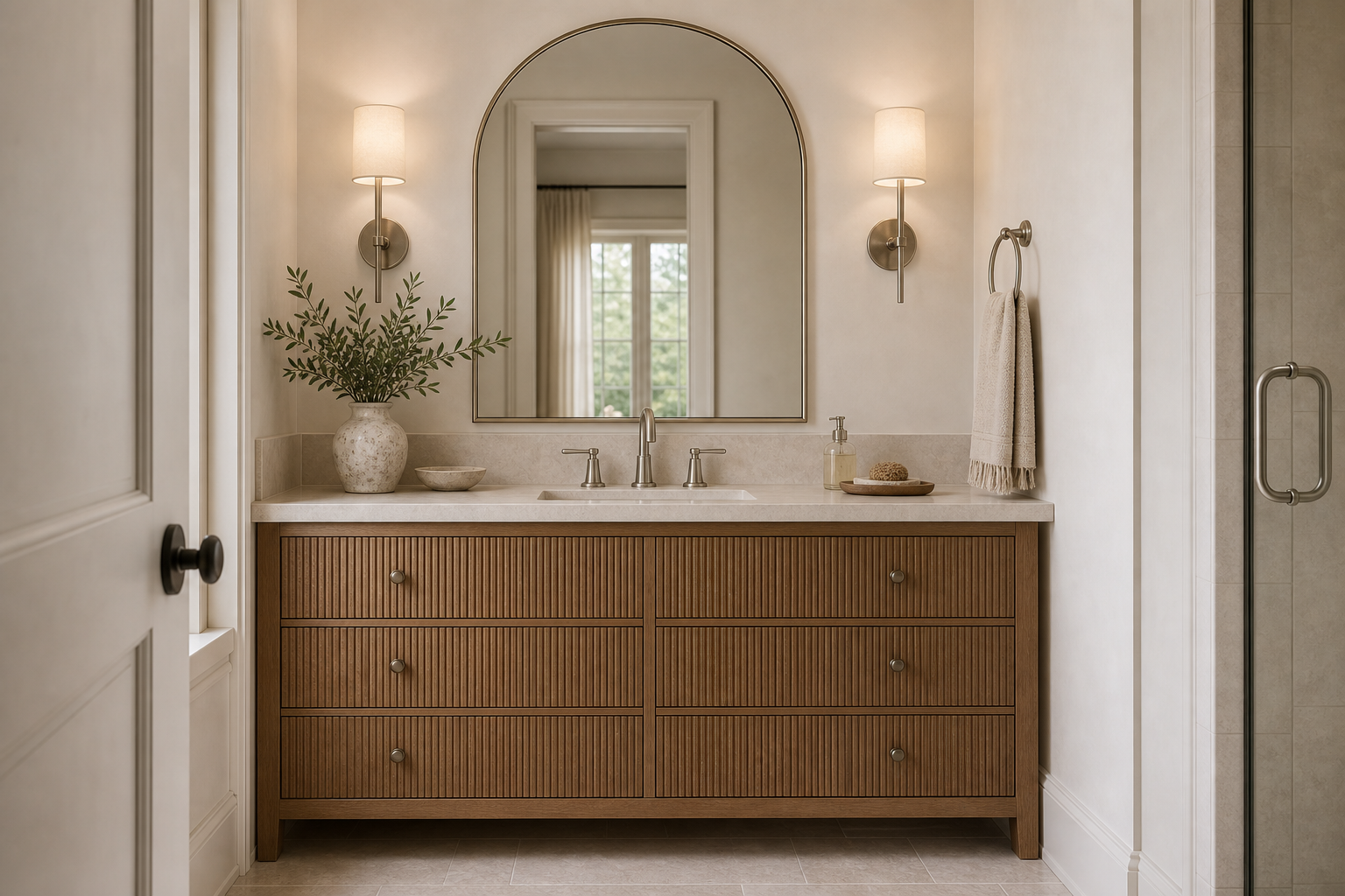 Transitional Bathroom Fluted Wood Vanity featuring a broad timber-toned vanity with vertically fluted drawer fronts
