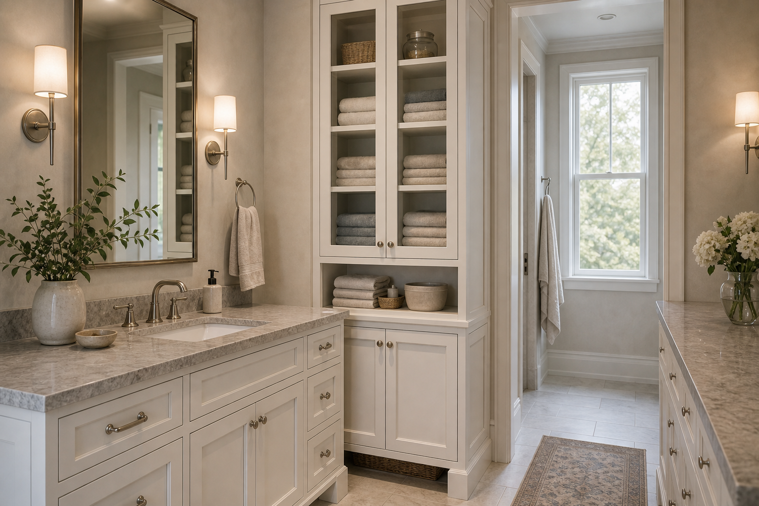 Transitional bathroom with a tall glass-front linen cabinet, visible folded towels, open shelf, lower cupboard, matching pale vanities, veined counters, mirrors, sconces, and runner