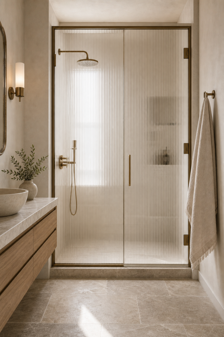 Transitional Bathroom Reeded Glass Shower Enclosure featuring a full-height reeded glass shower enclosure in a warm-metal frame