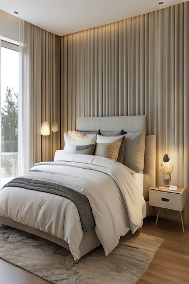 Transitional bedroom with floor-to-ceiling pleated drapery, a pale upholstered bed, compact hanging lights, and a soft rug