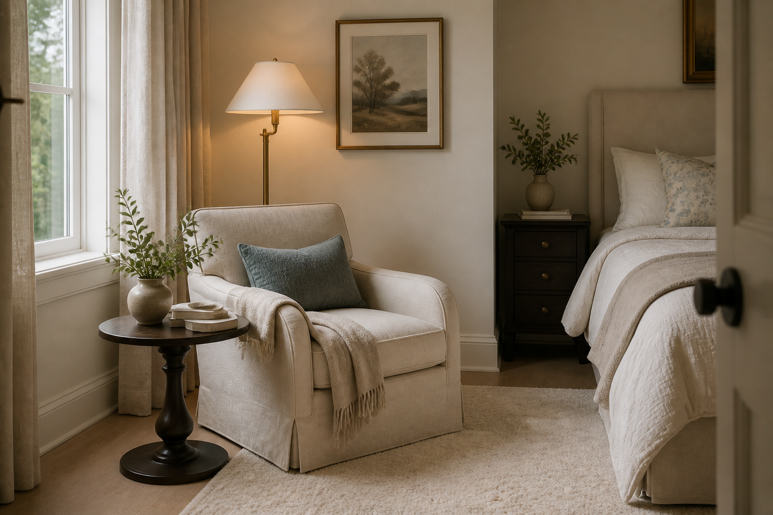 Transitional bedroom reading corner with an upholstered armchair, floor lamp, round pedestal table, side window, pale curtains, throw, books, art, and nearby bed