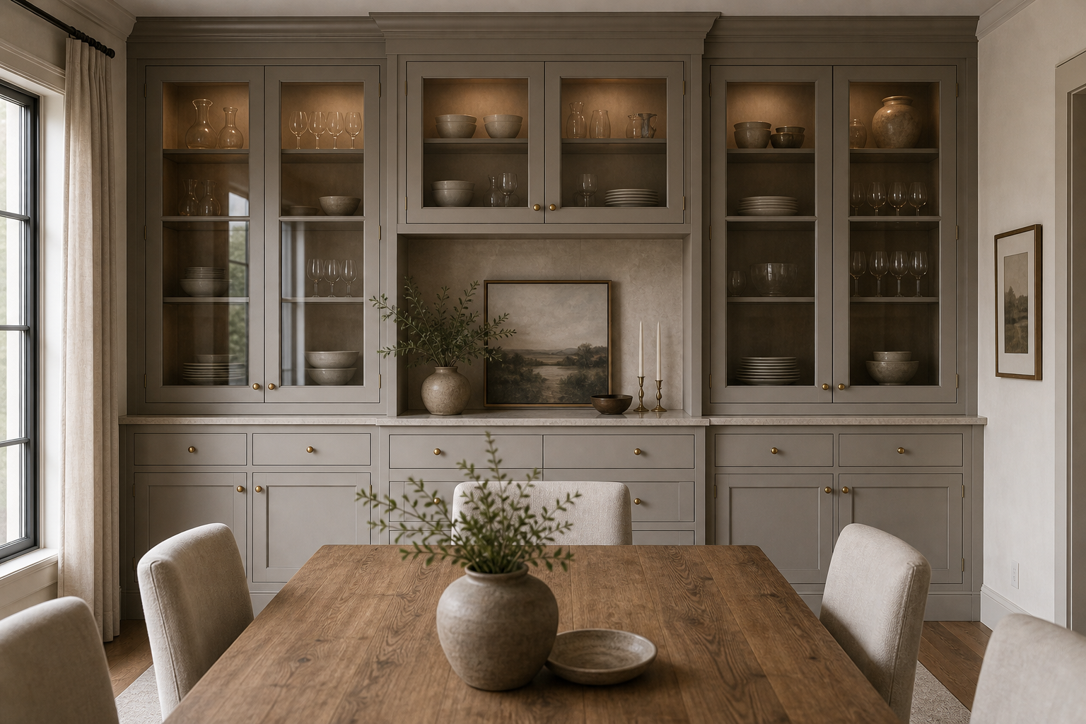 Transitional Dining Room Full-Wall Built-In Cabinet featuring a full-wall built-in combining glass display and closed dining storage