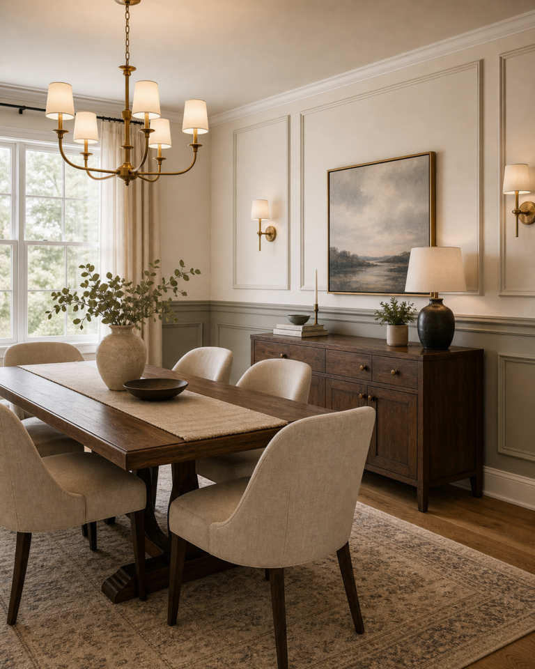 Transitional dining room with muted lower wainscoting, pale upper wall panels, dark timber table and sideboard, upholstered chairs, sconces, and chandelier