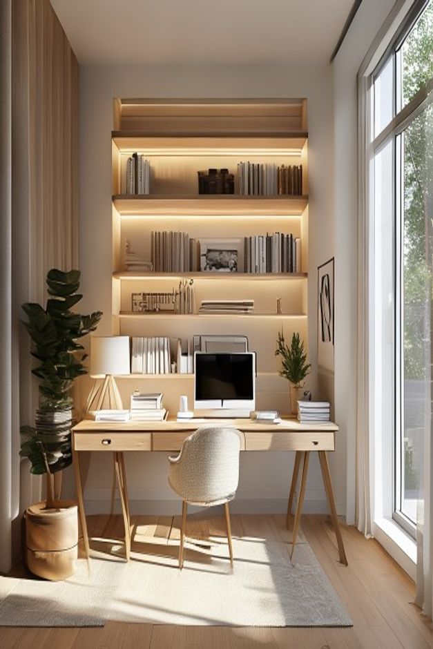Transitional home office with a full-height backlit shelf wall, broad wood-toned desk, pale chair, books, plants, boxes, and a tall side window
