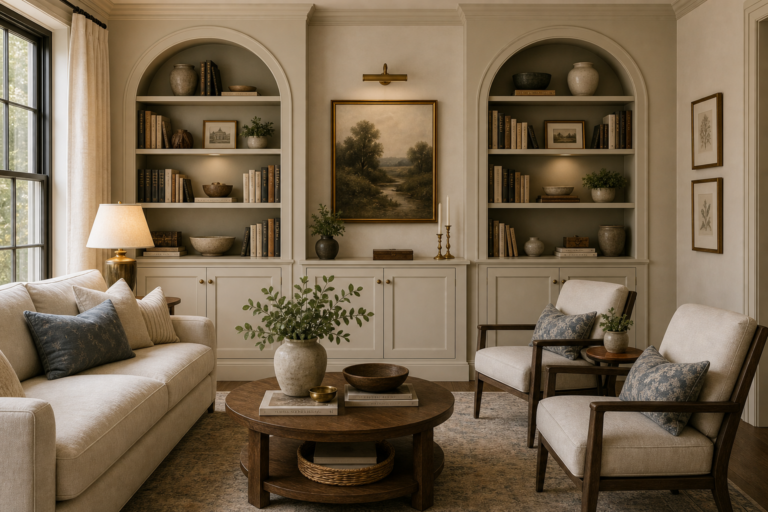 Transitional living room with twin arched bookcases, lower cabinets, central landscape, pale sofa, wood-framed chairs, round table, pottery, books, and side window