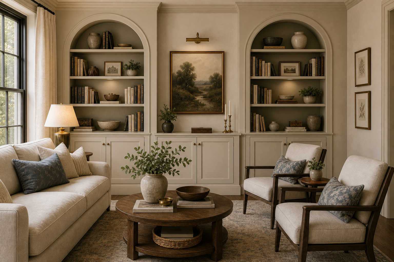 Transitional living room with twin arched bookcases, lower cabinets, central landscape, pale sofa, wood-framed chairs, round table, pottery, books, and side window