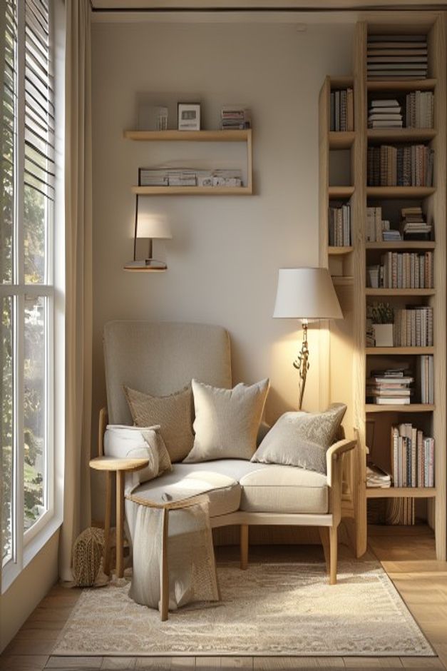 Transitional Reading Nook with a Built-In Bookcase