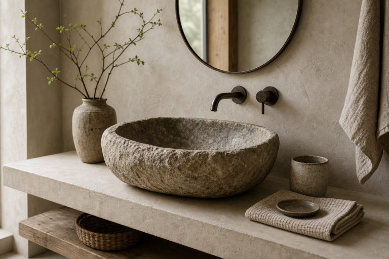 Wabi-Sabi bathroom with a rough stone vessel sink, irregular rim, dark wall tap, round mirror, pale textured counter, timber shelf, pottery, linen, and side daylight