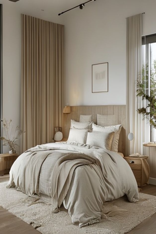 Wabi-Sabi Bedroom Layered Bedding and Curtain Ideas