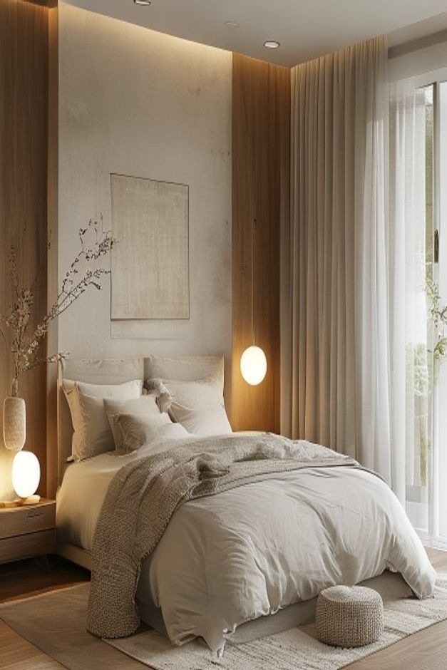 Wabi-Sabi Bedroom with an Upholstered Bed Frame