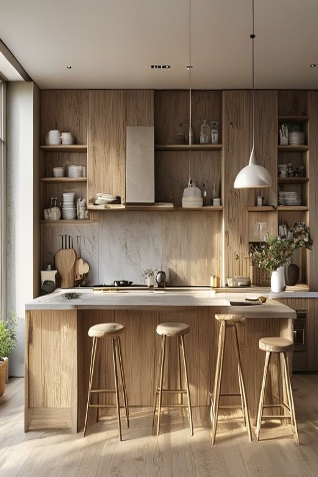 Warm Wood Kitchen Island and Open Shelving Ideas