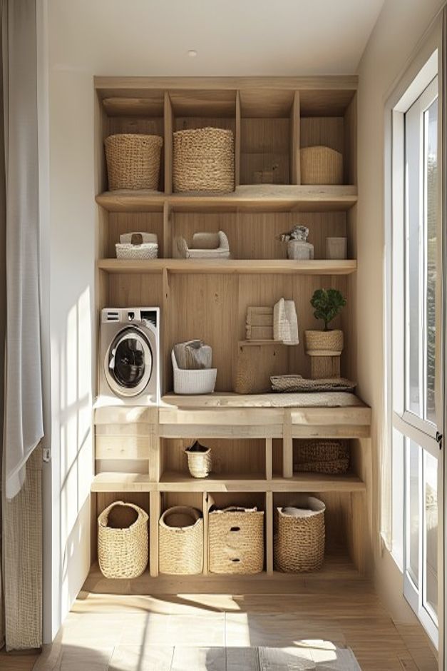 Wabi-Sabi Laundry Room Open Shelving Ideas