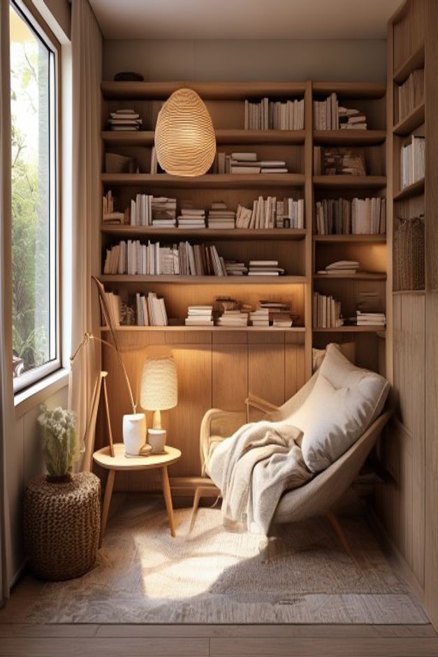 Wabi-Sabi reading nook with wraparound wood-toned bookshelves, a low pale lounge chair, tall side window, small round table, layered lights, woven stool, and rug